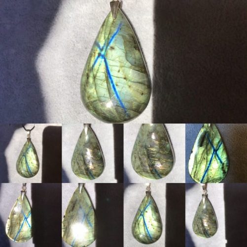 Grand Pendentif labradorite goutte jaune ligne bleu